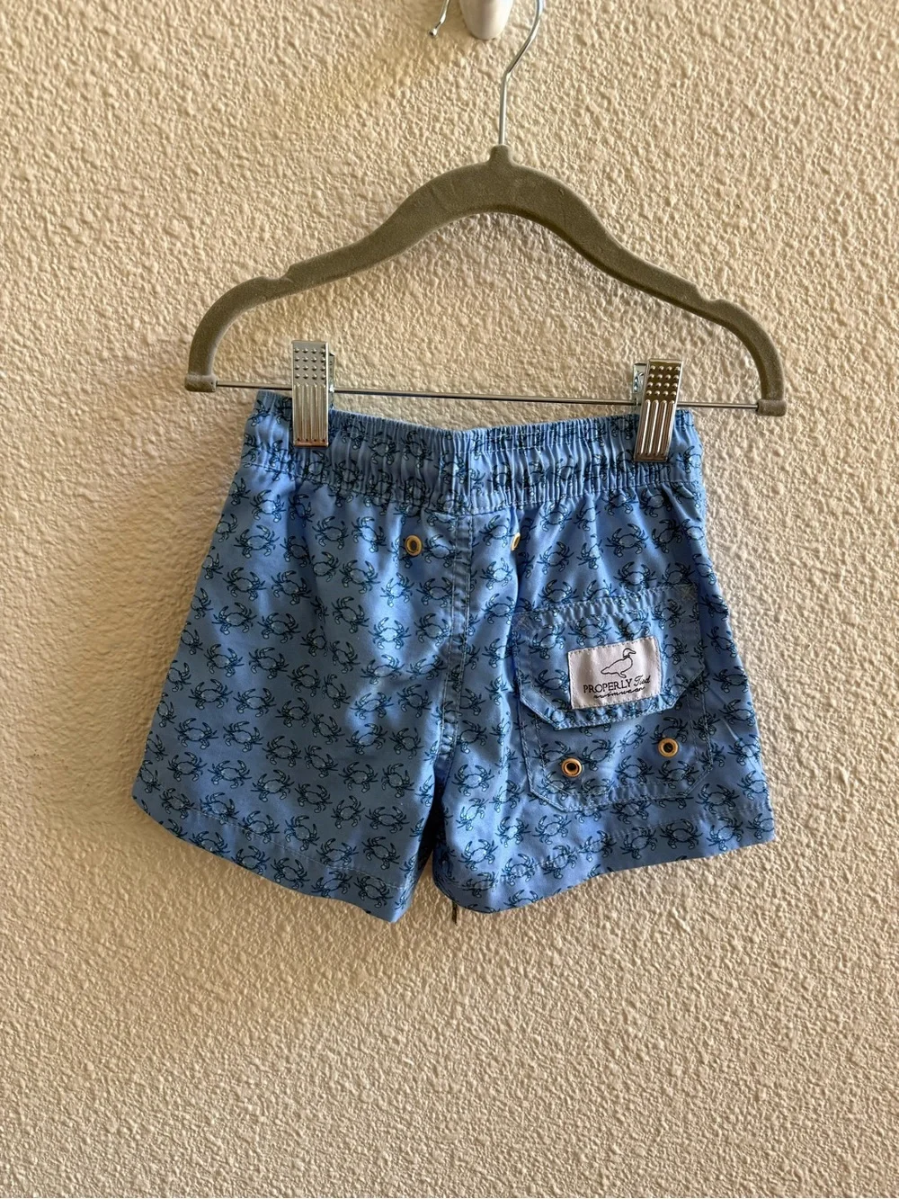 Properly Tied Boys Blue Crab-Print Swim Trunks with peach Drawcord